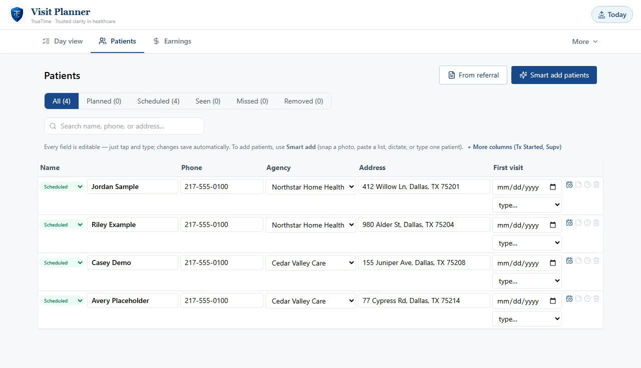 The Visit Planner patient list: every patient, phone, agency, address, and first visit in one editable table.